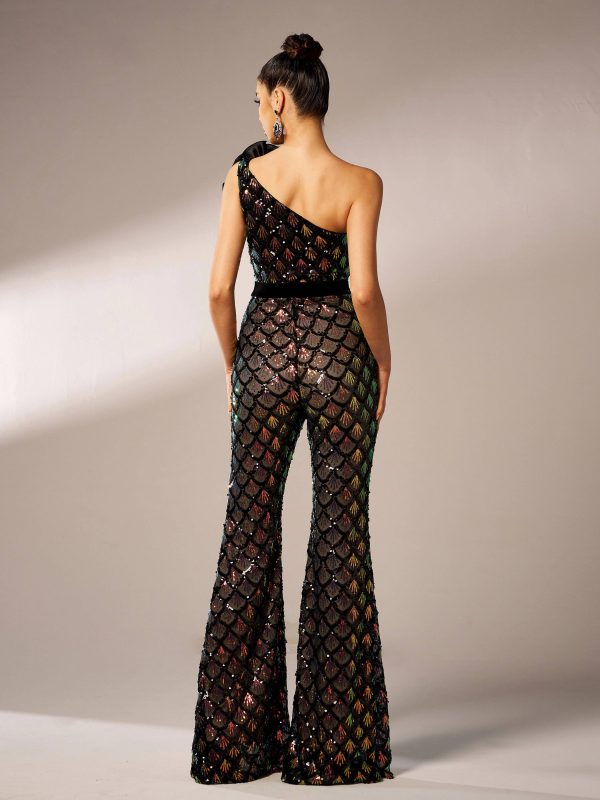 Elegant One Shoulder Sequin Birthday Party Flared Jumpsuit - Image 5