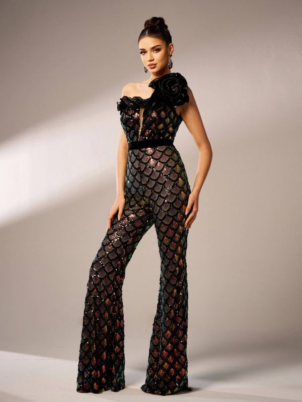 Elegant One Shoulder Sequin Birthday Party Flared Jumpsuit - Image 2