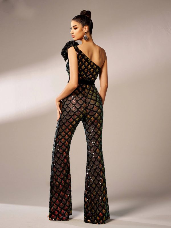 Elegant One Shoulder Sequin Birthday Party Flared Jumpsuit - Image 6