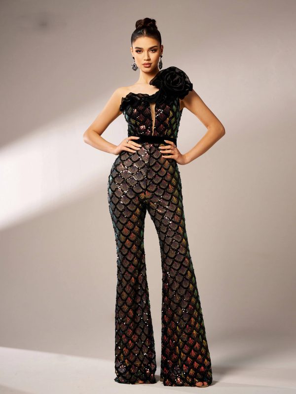 Elegant One Shoulder Sequin Birthday Party Flared Jumpsuit - Image 4