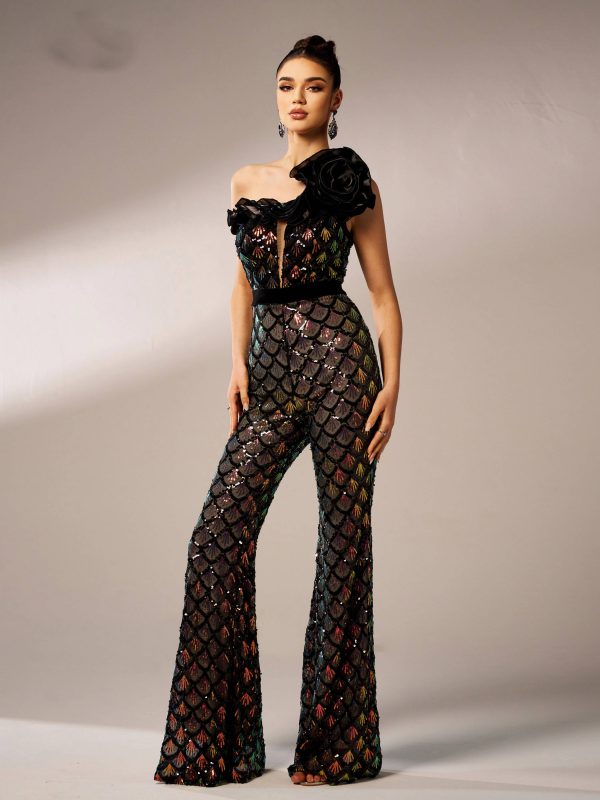 Elegant One Shoulder Sequin Birthday Party Flared Jumpsuit - Image 3