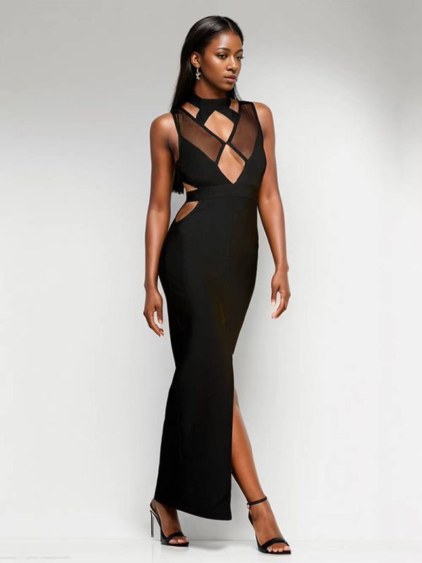 Elegant Patchwork Hollow Out Tight Design Celebrity Bandage Split Maxi Dress - Image 2