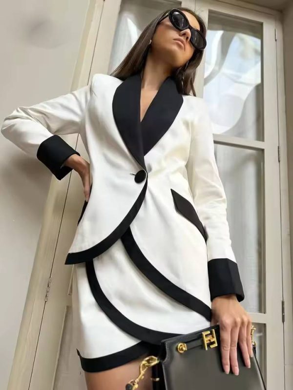 Elegant Patchwork Single Button Pockets Shirts And Mini Skirts 2 Piece Set - Image 3