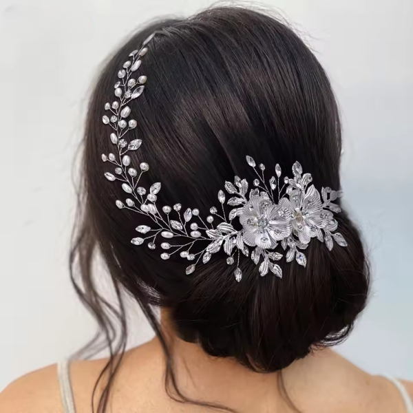 Elegant Pearls Bride Alloy Flower Wedding Headband with Comb - Image 2