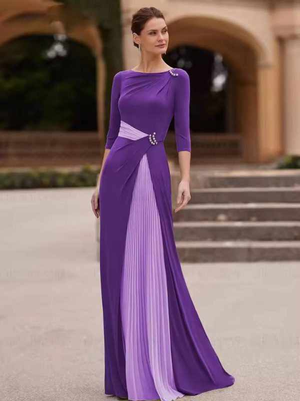 Elegant Pleat Satin Pearls Long Mother Of The Bride Dress - Image 3