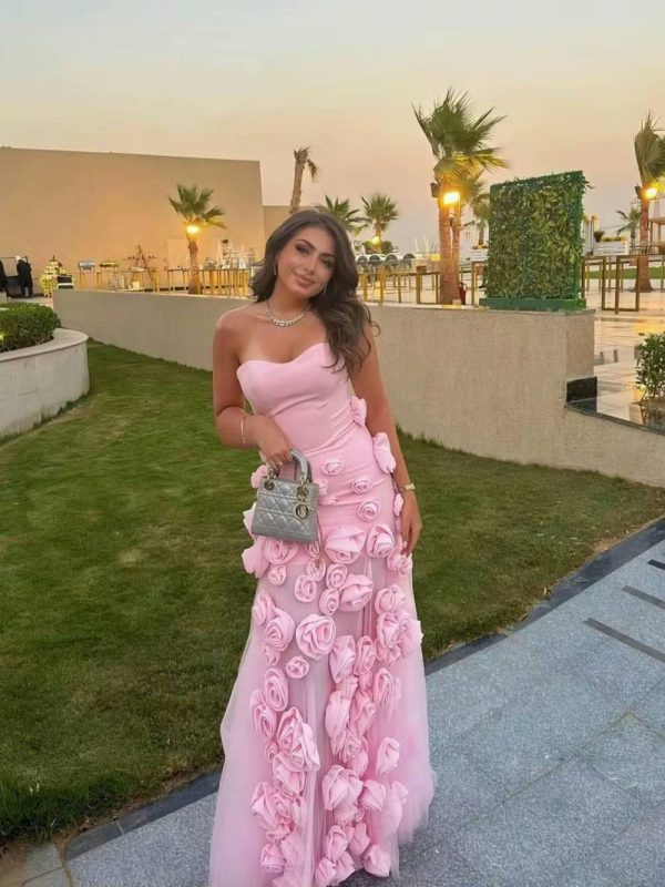 Elegant Preppy Style 3D Flower Side Slit Floor-length Maxi Dress