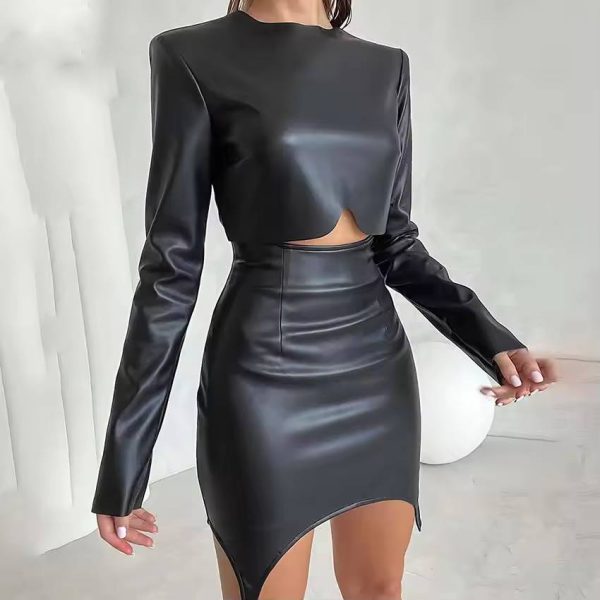 Elegant Pu Leather O-Neck Crop Tops And High Waist Slim Mini Skirt 2 Piece Set - Image 2