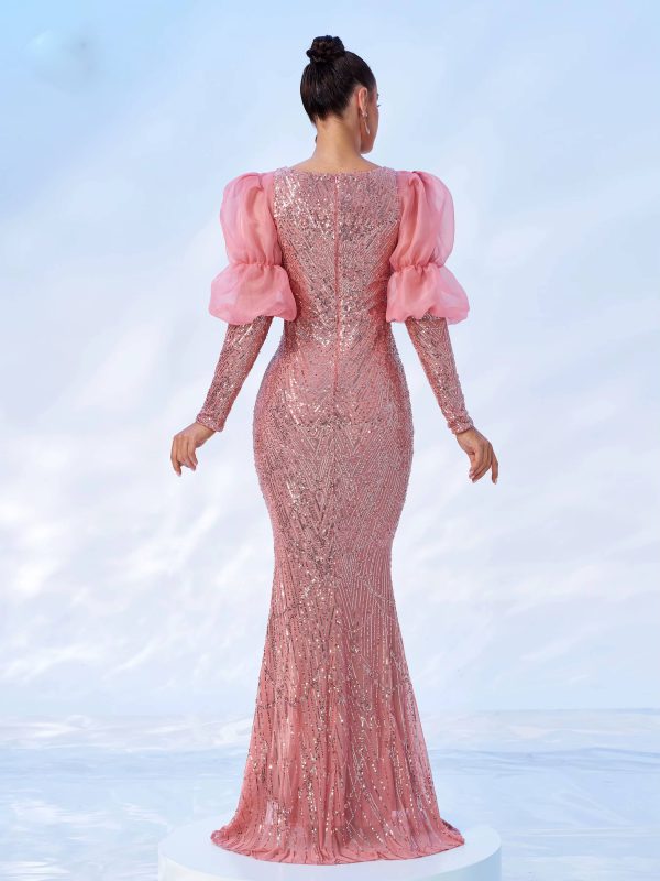 Elegant Round Neck Lantern Sleeves Sequin Birthday Party Floor Length Dress - Image 6