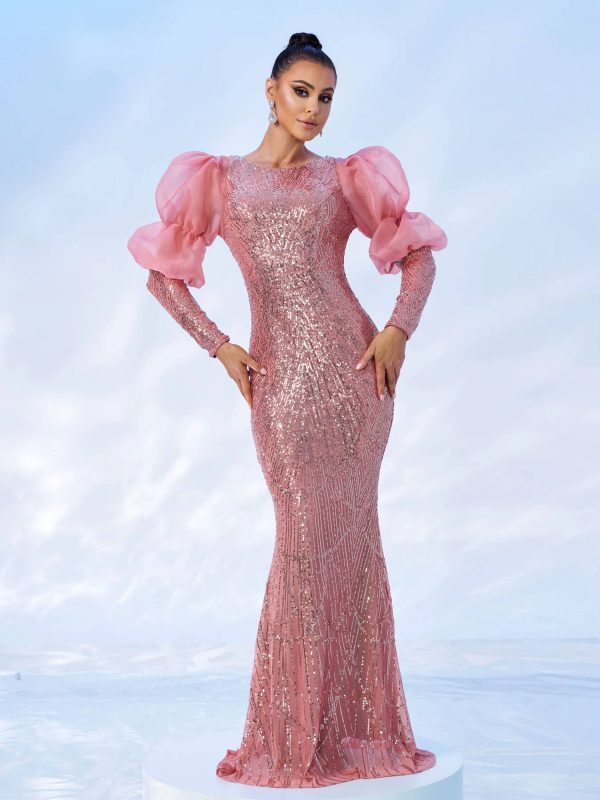 Elegant Round Neck Lantern Sleeves Sequin Birthday Party Floor Length Dress - Image 2