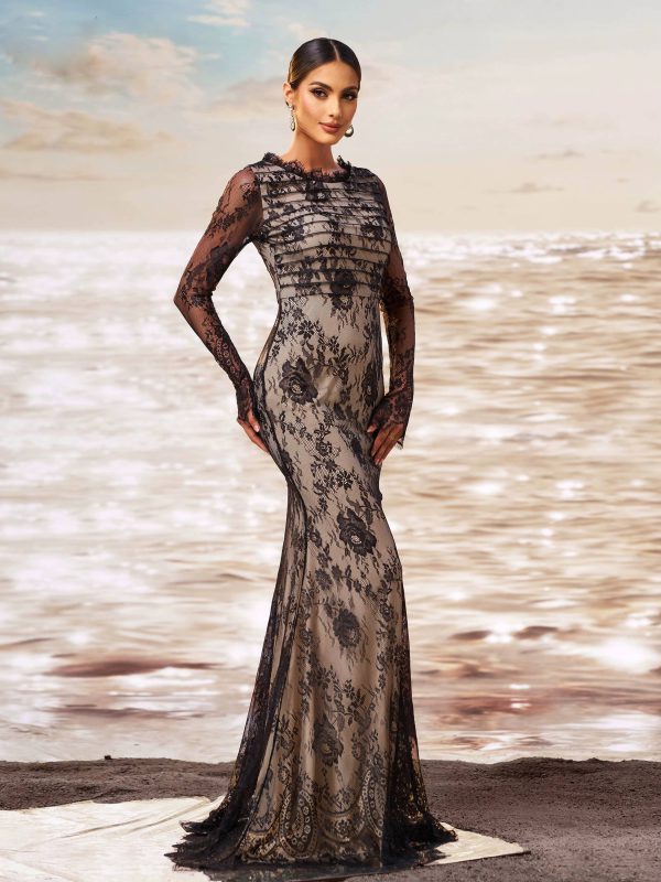 Elegant Round Neck Mesh Sleeves Mermaid Birthday Party Maxi Dress - Image 2