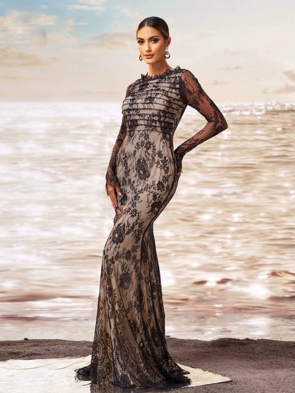 Elegant Round Neck Mesh Sleeves Mermaid Birthday Party Maxi Dress - Image 3