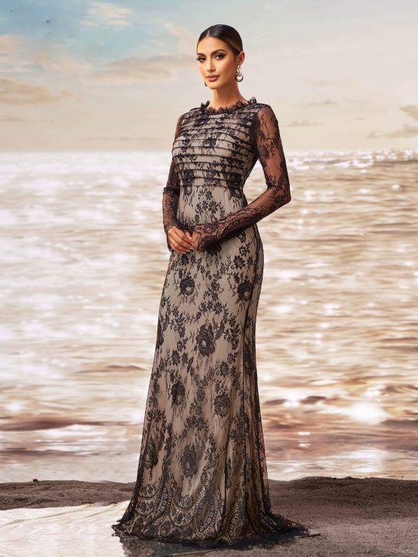 Elegant Round Neck Mesh Sleeves Mermaid Birthday Party Maxi Dress