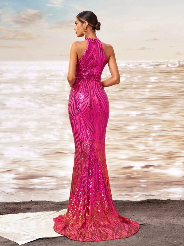 Elegant Round Neck Sleeveless Sequin Mermaid Maxi Dress - Image 5