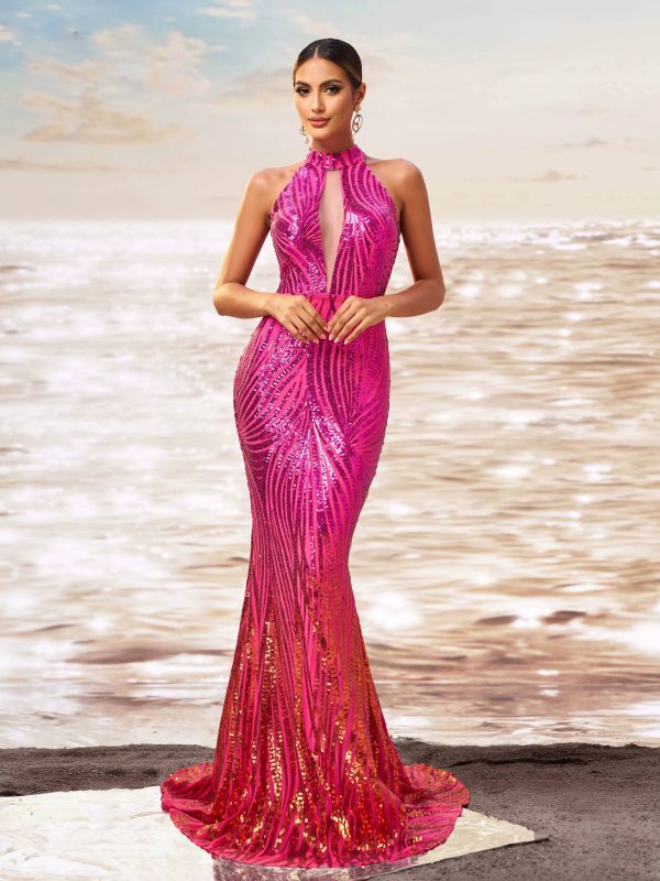 Elegant Round Neck Sleeveless Sequin Mermaid Maxi Dress