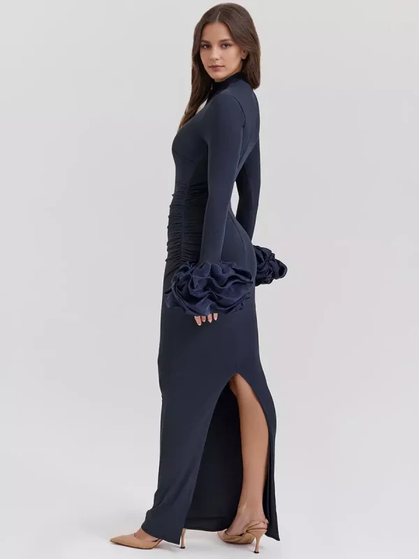 Elegant Ruffle Long Sleeve High Neck Pleated Slit Bodycon Long Dress - Image 2