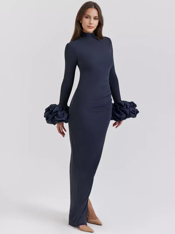 Elegant Ruffle Long Sleeve High Neck Pleated Slit Bodycon Long Dress - Image 3