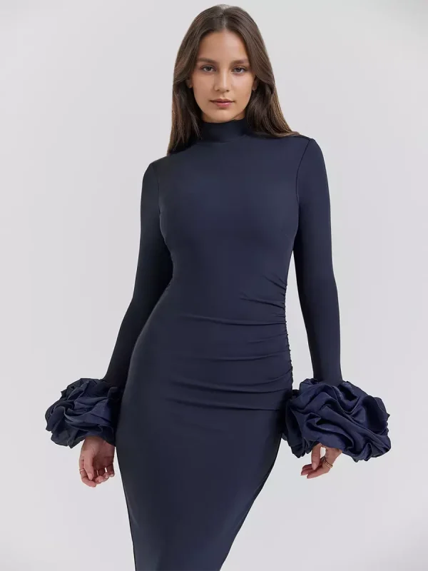 Elegant Ruffle Long Sleeve High Neck Pleated Slit Bodycon Long Dress - Image 5