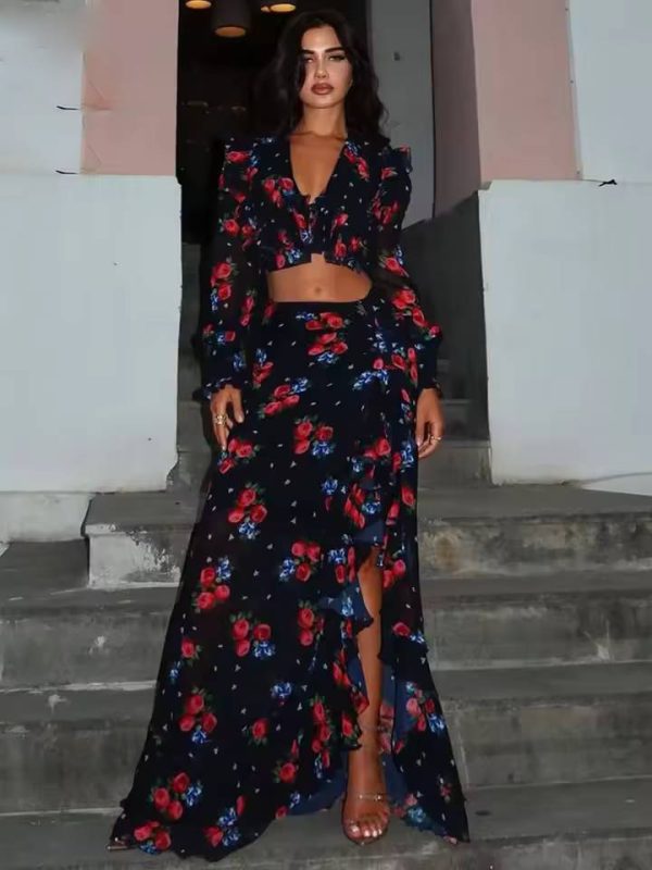 Elegant Ruffled Crop Shirts And Side Slit Floor-Length Skirts Two Piece Set - Image 3