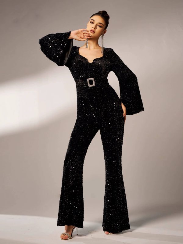 Elegant Sequin Flared Sleeve Birthday Party Luxury Jumpsuit - Image 3