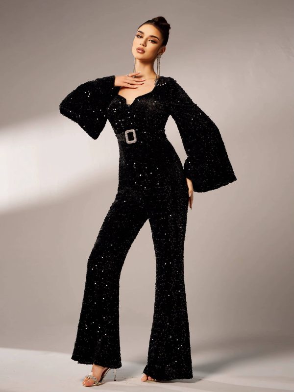 Elegant Sequin Flared Sleeve Birthday Party Luxury Jumpsuit - Image 4