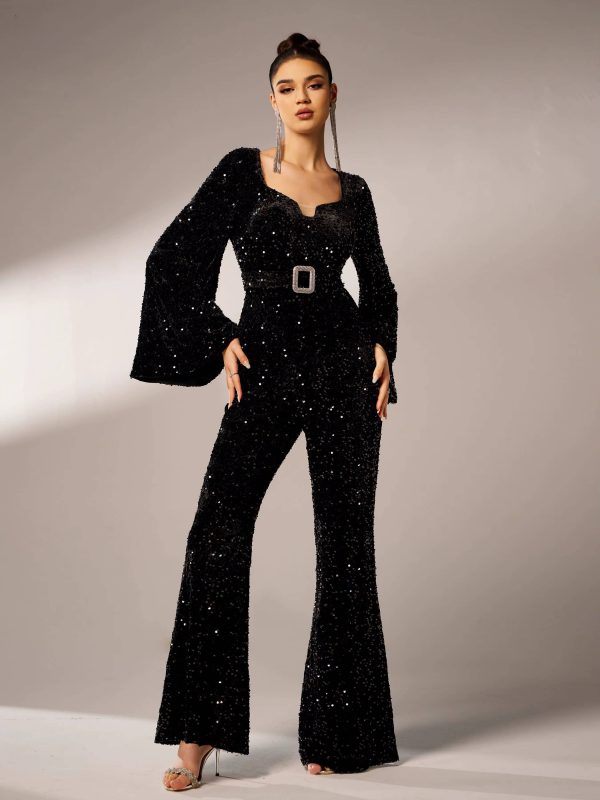 Elegant Sequin Flared Sleeve Birthday Party Luxury Jumpsuit