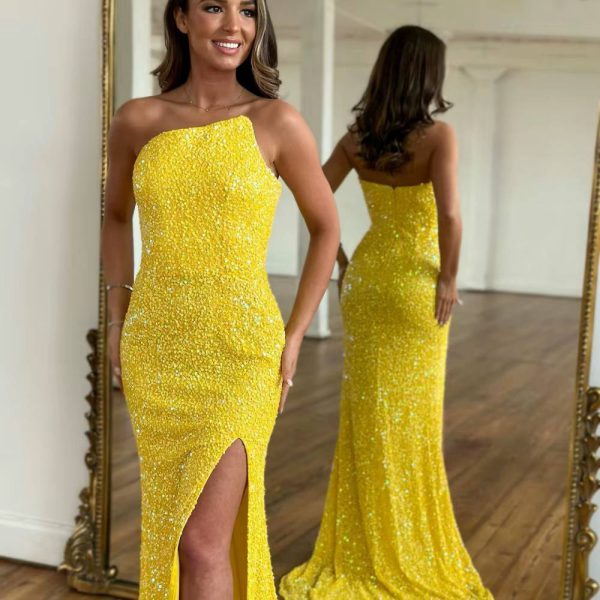 Elegant Sequins Feathers Mermaid Strapless Robes Floor-Length Side Slit Maxi Dress - Image 2