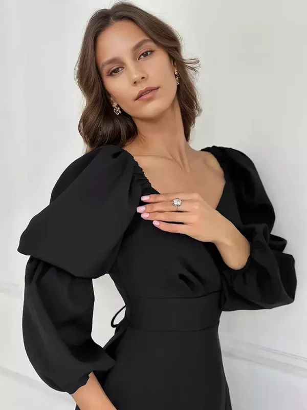 Elegant Side Slit Off-shoulder Puff Sleeves Short Dress - Image 3