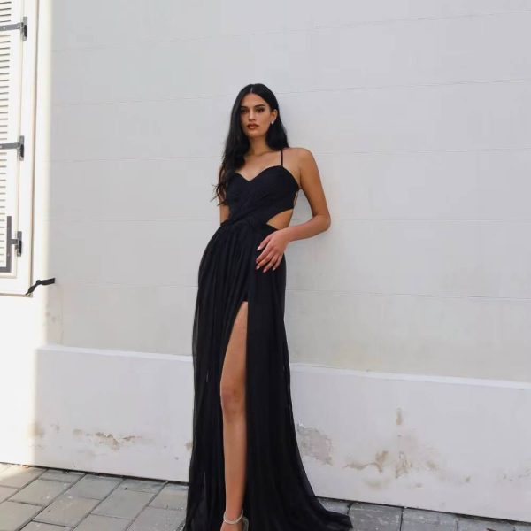 Elegant Spaghetti Strap Backless Sleeveless Side Slit Floor-Length Maxi Dress