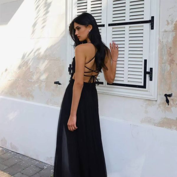 Elegant Spaghetti Strap Backless Sleeveless Side Slit Floor-Length Maxi Dress - Image 3