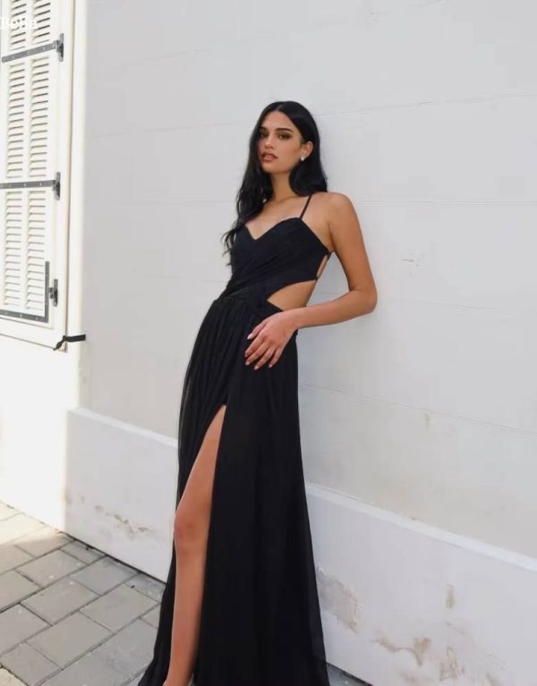 Elegant Spaghetti Strap Backless Sleeveless Side Slit Floor-Length Maxi Dress - Image 2