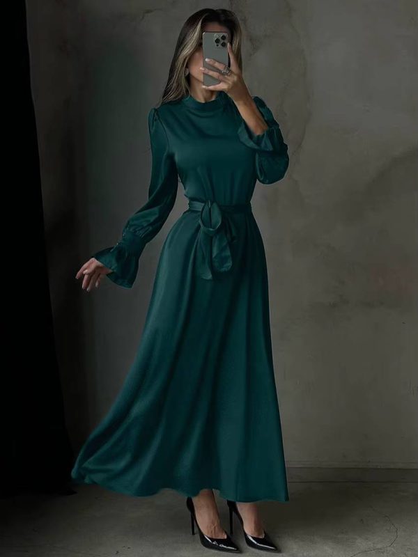 Elegant Stand Collar Long Sleeve Ankle Length Lace-Up Satin Maxi Dress