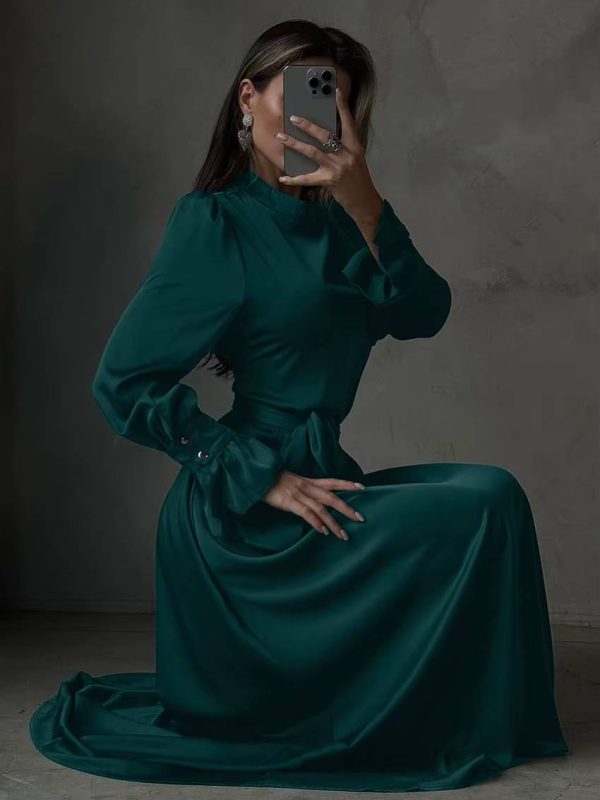 Elegant Stand Collar Long Sleeve Ankle Length Lace-Up Satin Maxi Dress - Image 2