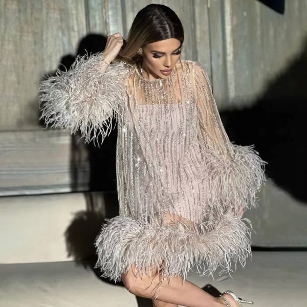 Elegant Tassel Sequins Feather Evening Party Mini Dress