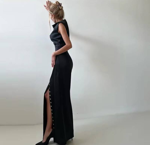 Elegant Turtleneck Sleeveless Crop Top Vest High Waist Button Long Skirt 2 Piece Set - Image 9