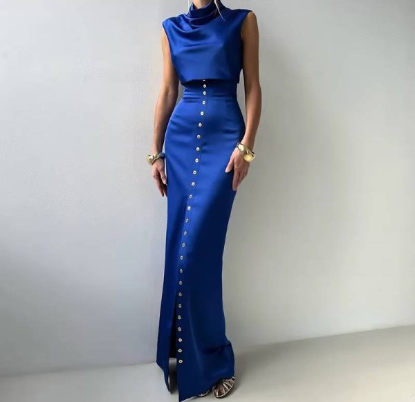 Elegant Turtleneck Sleeveless Crop Top Vest High Waist Button Long Skirt 2 Piece Set - Image 2