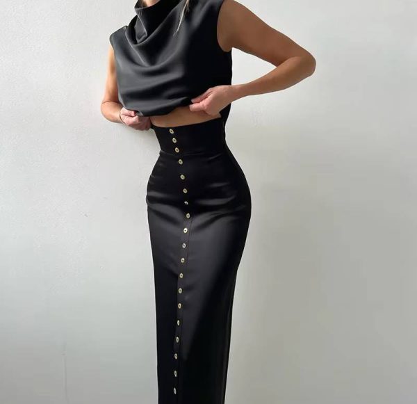 Elegant Turtleneck Sleeveless Crop Top Vest High Waist Button Long Skirt 2 Piece Set - Image 7