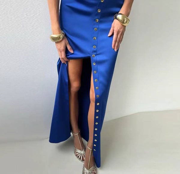 Elegant Turtleneck Sleeveless Crop Top Vest High Waist Button Long Skirt 2 Piece Set - Image 3