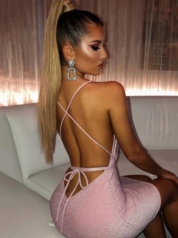 Elegant V-Neck Pleated Backless Semi Formal Bodycon Mini Dress - Image 3