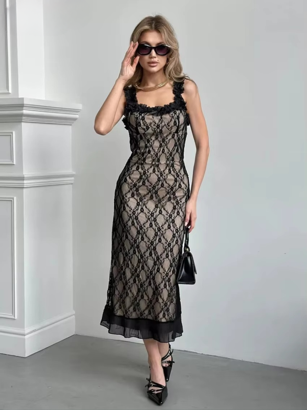 Lace Patchwork Square Collar Sleeveless Mid-Calf Dresses