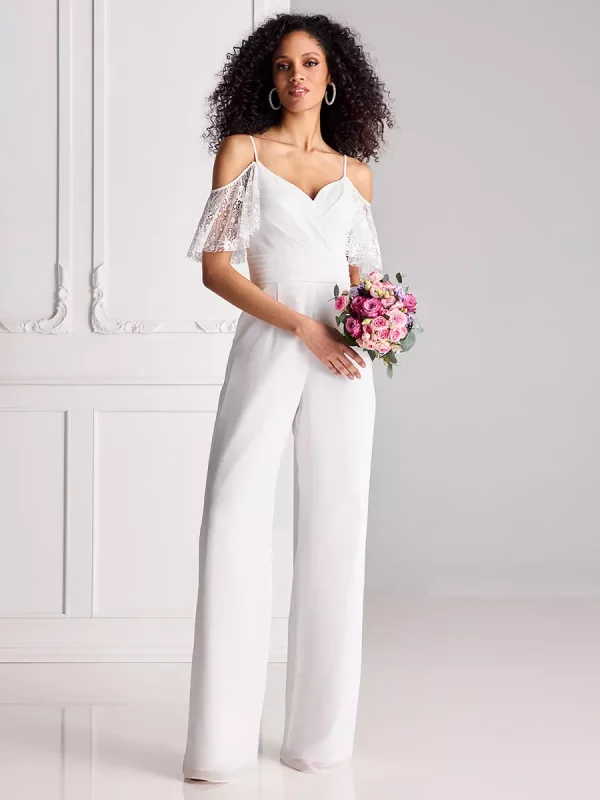 Lace Pleated Sweetheart Neck Half Sleeves Spaghetti Straps Natural Waist Floor-Length Bridal Jumpsuit - Image 2