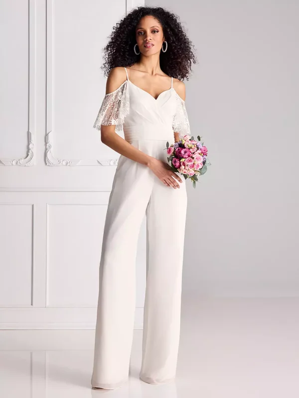 Lace Pleated Sweetheart Neck Half Sleeves Spaghetti Straps Natural Waist Floor-Length Bridal Jumpsuit