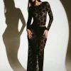 Lace Translucent Long Sleeves Crop Tops Two Piece Set - Image 4