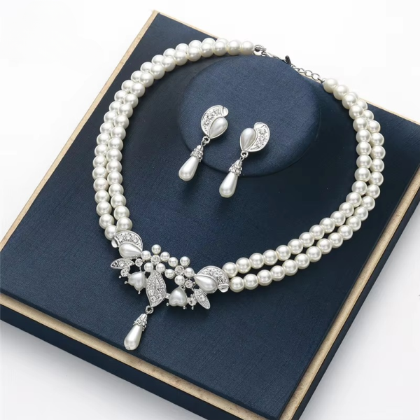 Luxury Imitation Pearls Wedding Necklace Drop Earring 2pcs Jewelry Sets - Image 2