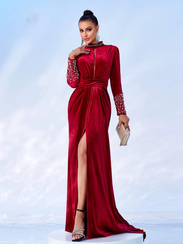 Luxury Round Neck Long Sleeved Split Velvet Birthday Party Maxi Dress - Image 2