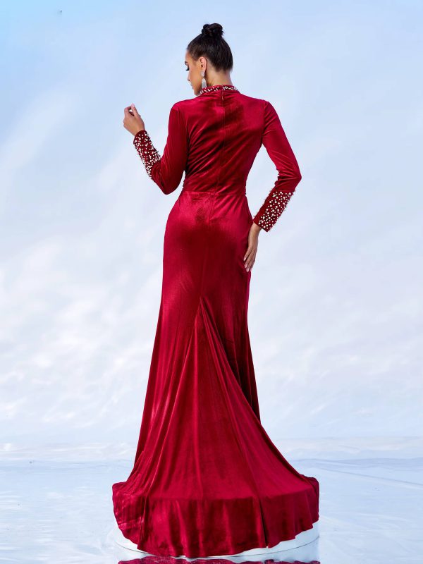 Luxury Round Neck Long Sleeved Split Velvet Birthday Party Maxi Dress - Image 6