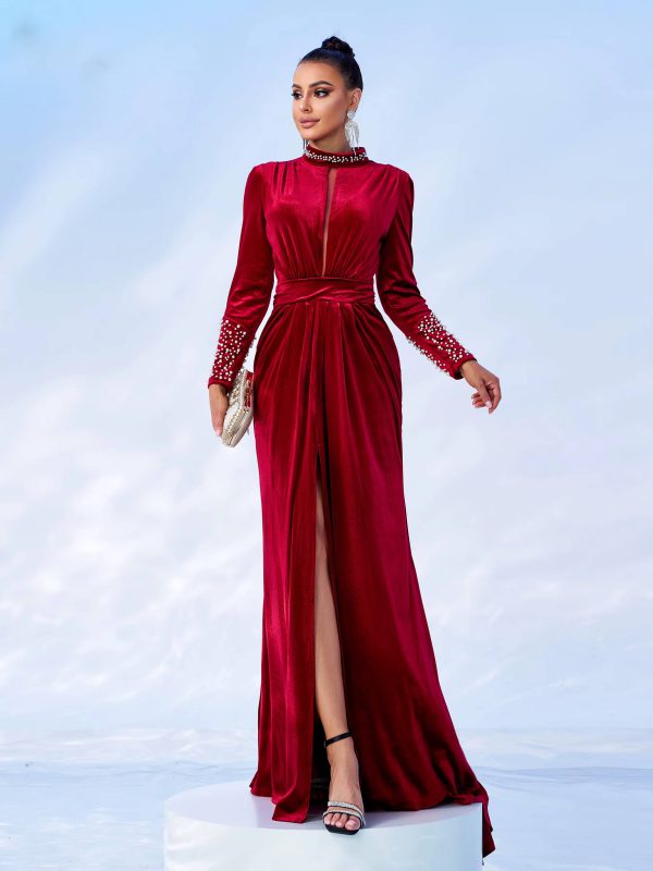 Luxury Round Neck Long Sleeved Split Velvet Birthday Party Maxi Dress