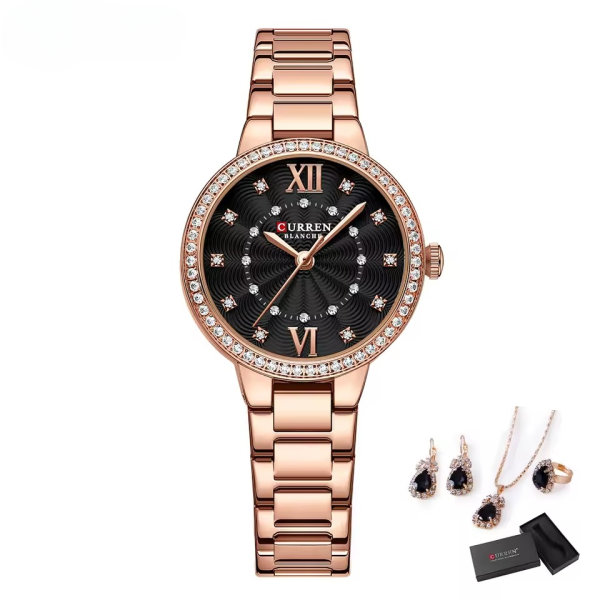 Casual Stainless Steel Bracelet Rhinestones Bling Dail Elegant Watch 5pcs Jewelry Set - Image 3