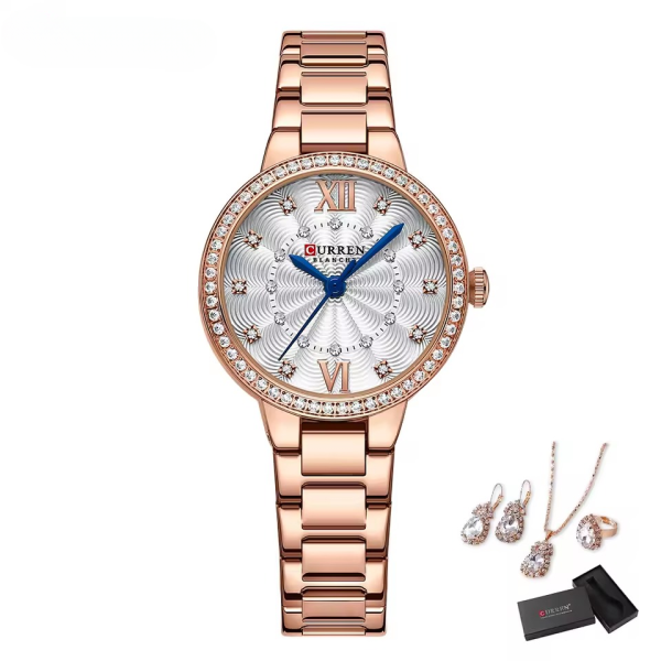 Casual Stainless Steel Bracelet Rhinestones Bling Dail Elegant Watch 5pcs Jewelry Set - Image 4