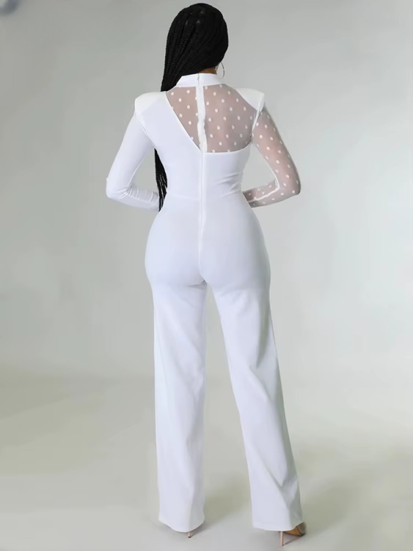 Mesh Patchwork Long Sleeve Straight Wide Legs Office Lady Jumpsuit - Image 6