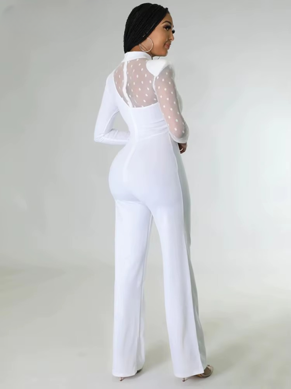 Mesh Patchwork Long Sleeve Straight Wide Legs Office Lady Jumpsuit - Image 5